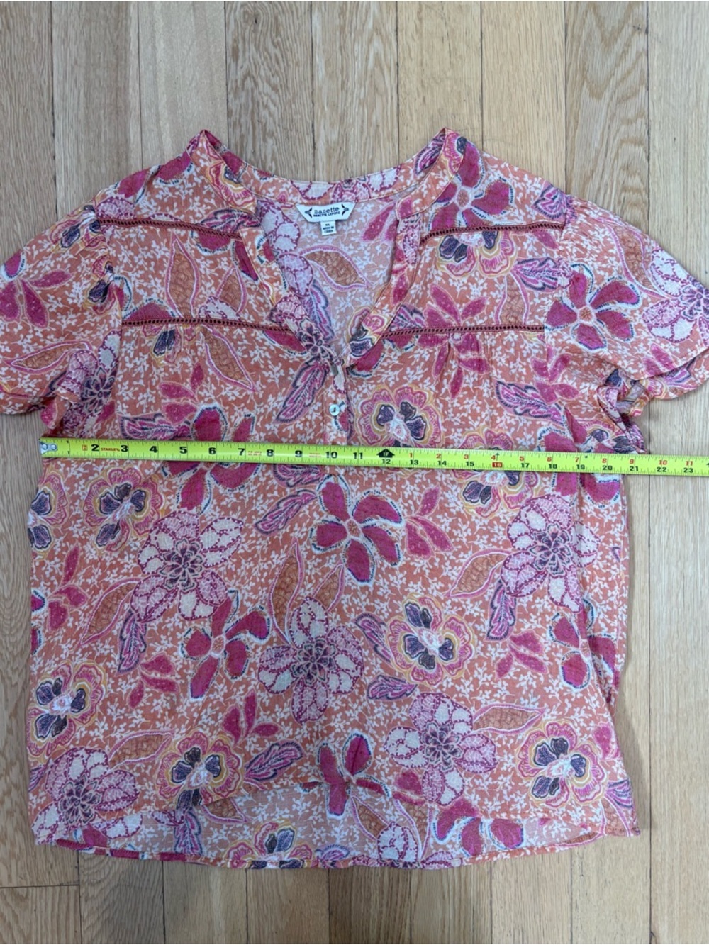 Nanette Lepore Boho Floral Flutter Sleeve V-Neck Blouse XL Orange Pink Eyelet - Picture 8 of 9